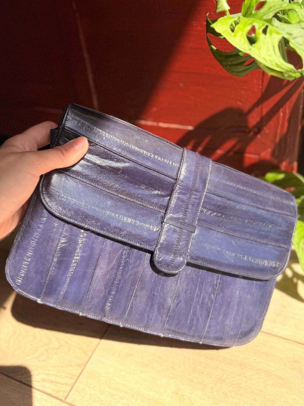 Vintage Genuine Eel Skin Purse – Rare Navy Suede Interior